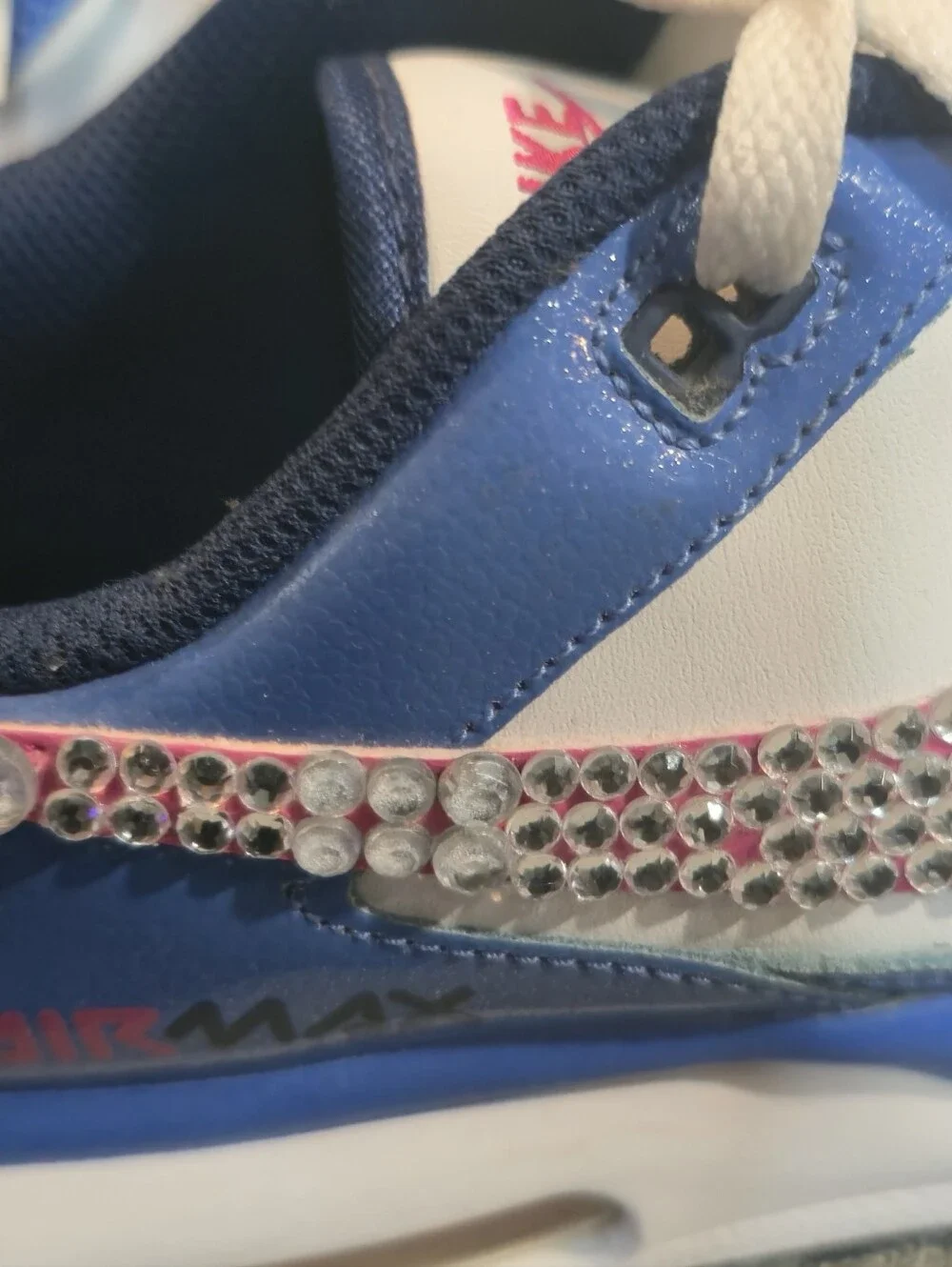 Nike Air Max Youth 6Y White & Royal Blue Rhinestone Swoosh Sneakers ✨